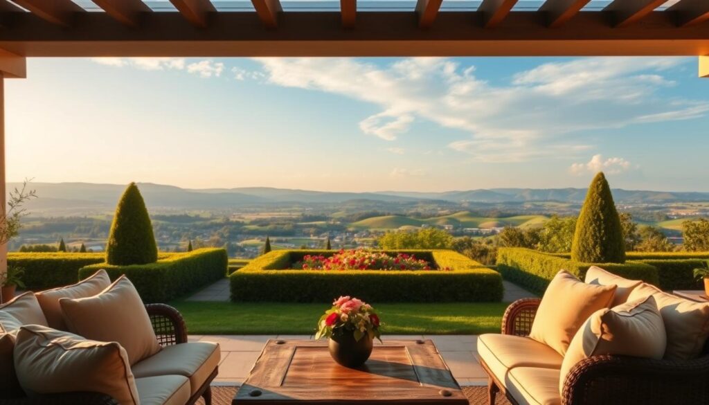 A beautifully manicured outdoor living space, featuring a cozy seating area with plush cushions and a rustic wooden coffee table. In the middle ground, a lush garden oasis with vibrant flowers and meticulously trimmed hedges. The background showcases a stunning vista of rolling hills and a cloudless blue sky, bathed in warm, golden afternoon light. The scene exudes a sense of tranquility and sophistication, inviting the viewer to imagine spending a peaceful afternoon relaxing in this idyllic setting.