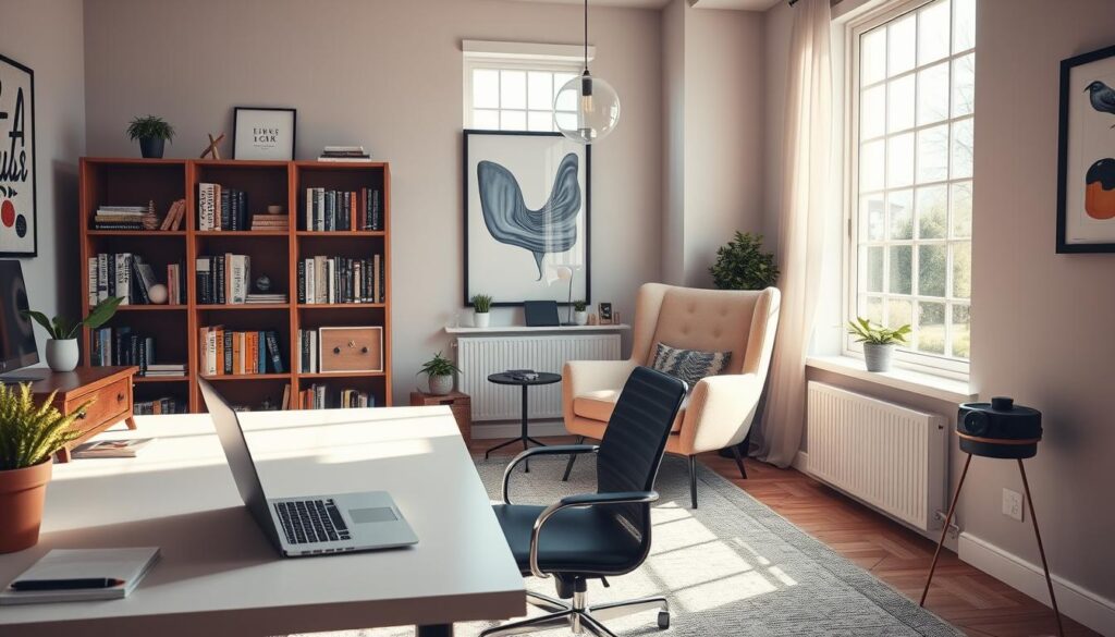 A cozy and well-designed home office with natural light streaming through the large windows. In the foreground, a sleek, modern desk with a laptop, stationery, and a potted plant. The middle ground features a plush, mid-century modern armchair and a bookshelf filled with design-related books. The background showcases tasteful wall art and a minimalist pendant light fixture. The overall atmosphere is one of productivity, creativity, and inspiration, reflecting the versatility of interior design services available on Fiverr.