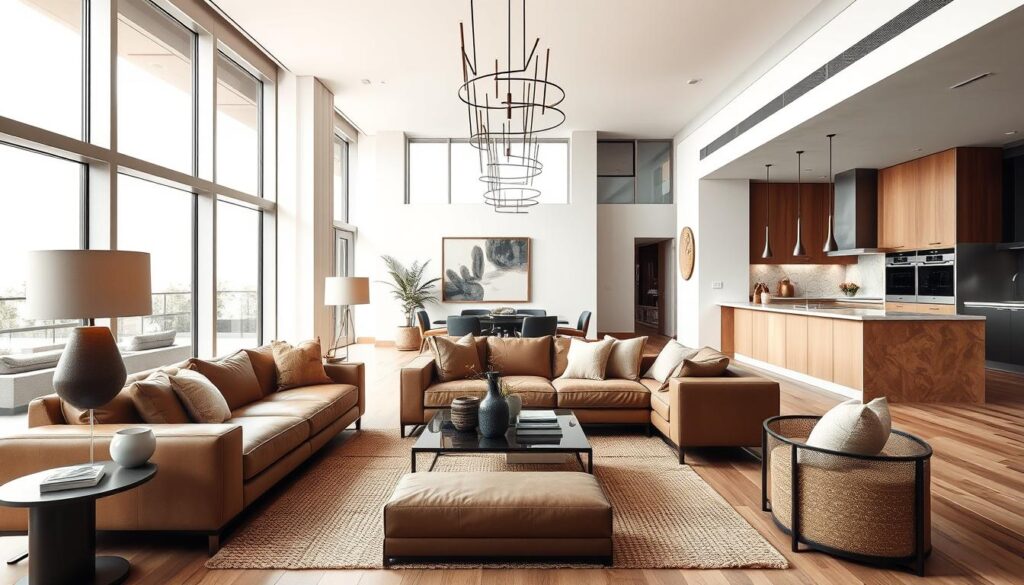 A luxurious and well-designed interior with a focus on functionality and contemporary style. A spacious living room with floor-to-ceiling windows flooding the space with natural light. Plush, modern furniture in earthy tones complemented by statement lighting fixtures and carefully curated wall decor. A balanced mix of textures, from the smooth leather sofa to the woven area rug, creating a warm and inviting atmosphere. In the background, a minimalist kitchen with sleek, handleless cabinets and high-end appliances, seamlessly integrated into the overall design. The scene captures the essence of a professionally designed, visually striking, and highly livable interior.