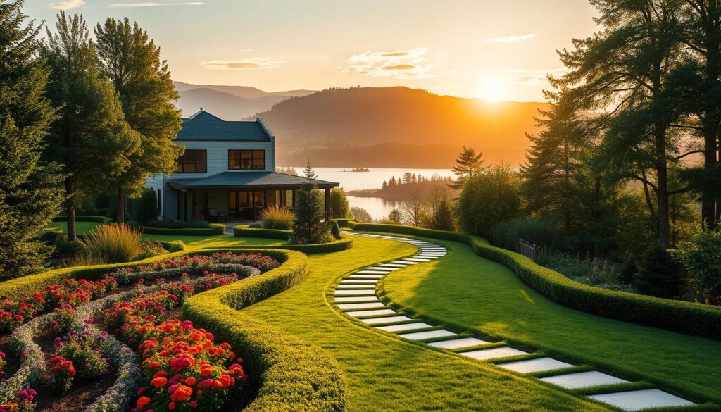 A serene, well-designed landscape scene set on Fiverr. The foreground features a lush, meticulously manicured garden with vibrant flowers, neatly trimmed hedges, and a winding stone pathway. In the middle ground, a contemporary yet cozy two-story house with clean lines and large windows stands amidst the greenery. The background showcases a picturesque vista of rolling hills, towering trees, and a tranquil lake reflecting the warm, golden hues of the sunset. The scene is bathed in soft, diffused natural lighting, creating a calming, inviting atmosphere. The overall composition conveys a sense of harmony, balance, and the high-quality work of a professional landscape designer on Fiverr.
